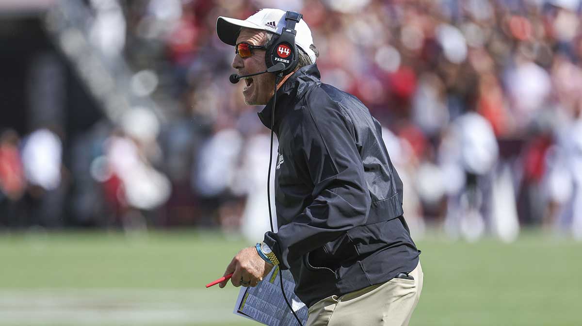 Texas A&M Aggies head coach Jimbo Fisher reacts after a play during the second quarter against the Alabama Crimson Tide at Kyle Field.