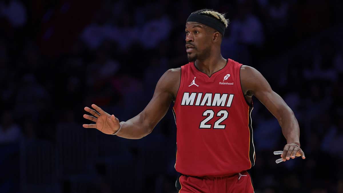 Heat forward Jimmy Butler (22) reacts against the Portland Trail Blazers during the third quarter at Kaseya Center