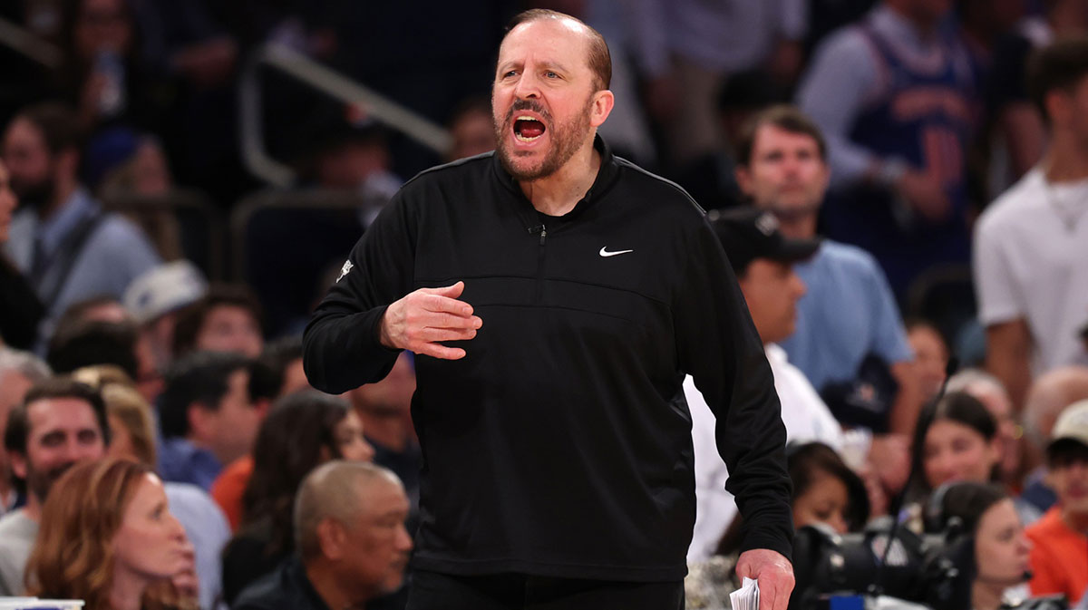 New York Knicks head coach Tom Thibodeau reacts in the fourth quarter against the Indiana Pacers during game five of the eastern conference finals for the 2025 NBA Playoffs at Madison Square Garden.