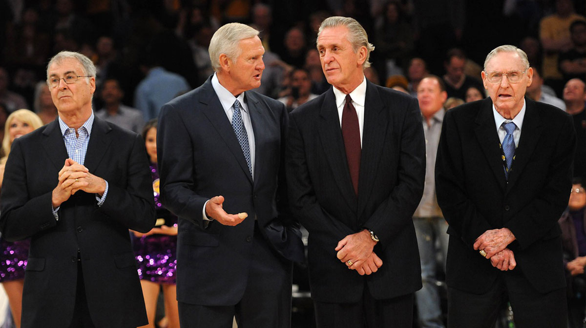 From left Gail Goodrich , Jerry West , Pat Riley and Bill Sharman are honored at halftime of a game against the Houston Rockets in honor of the 40th anniversary of the 1972 NBA championship team at Staples Center