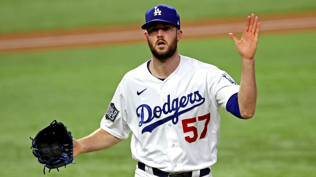 Dodgers starting pitcher Alex Wood (57) reacts to a strike out during the fourth inning against the Tampa Bay Rays during game six of the 2020 World Series at Globe Life Field