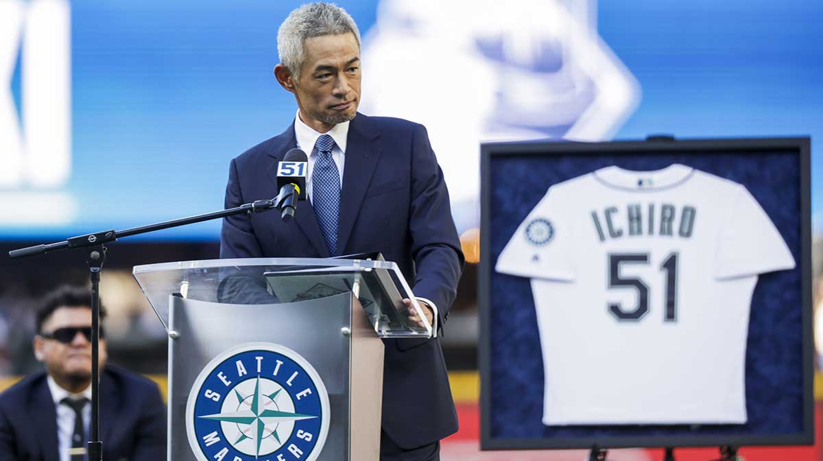 Seattle Mariners former outfielder Ichiro Suzuki speaks during a ceremony to retire his number before a game against the Tampa Bay Rays at T-Mobile Park.