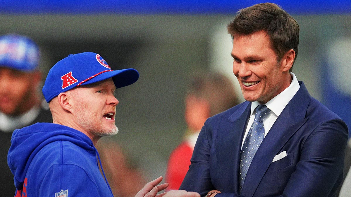 Buffalo Bills coach Sean McDermott talks with Tom Brady during the game against the Los Angeles Rams at SoFi Stadium.