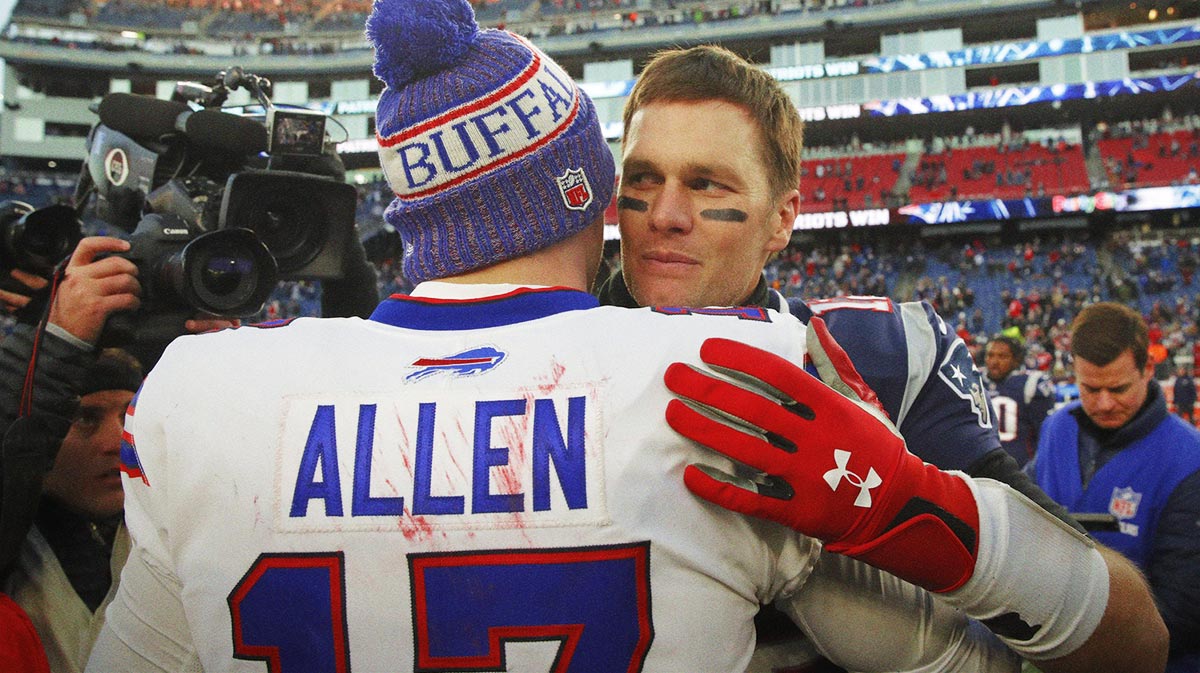 New England Patriots quarterback Tom Brady (12) meets Buffalo Bills quarterback Josh Allen (17) after the game at Gillette Stadium. Patriots defeated the Bills 24-12.