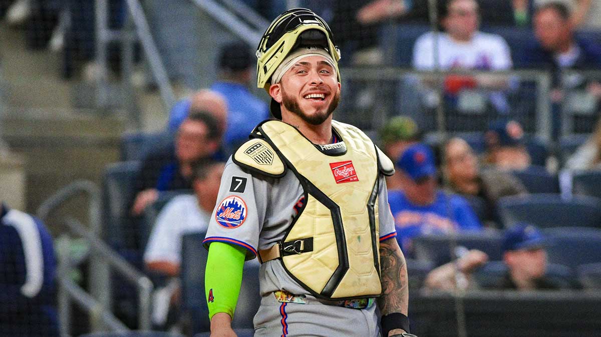 New York Mets catcher Francisco Alvarez (4) reacts during a game against the New York Yankees at Yankee Stadium.