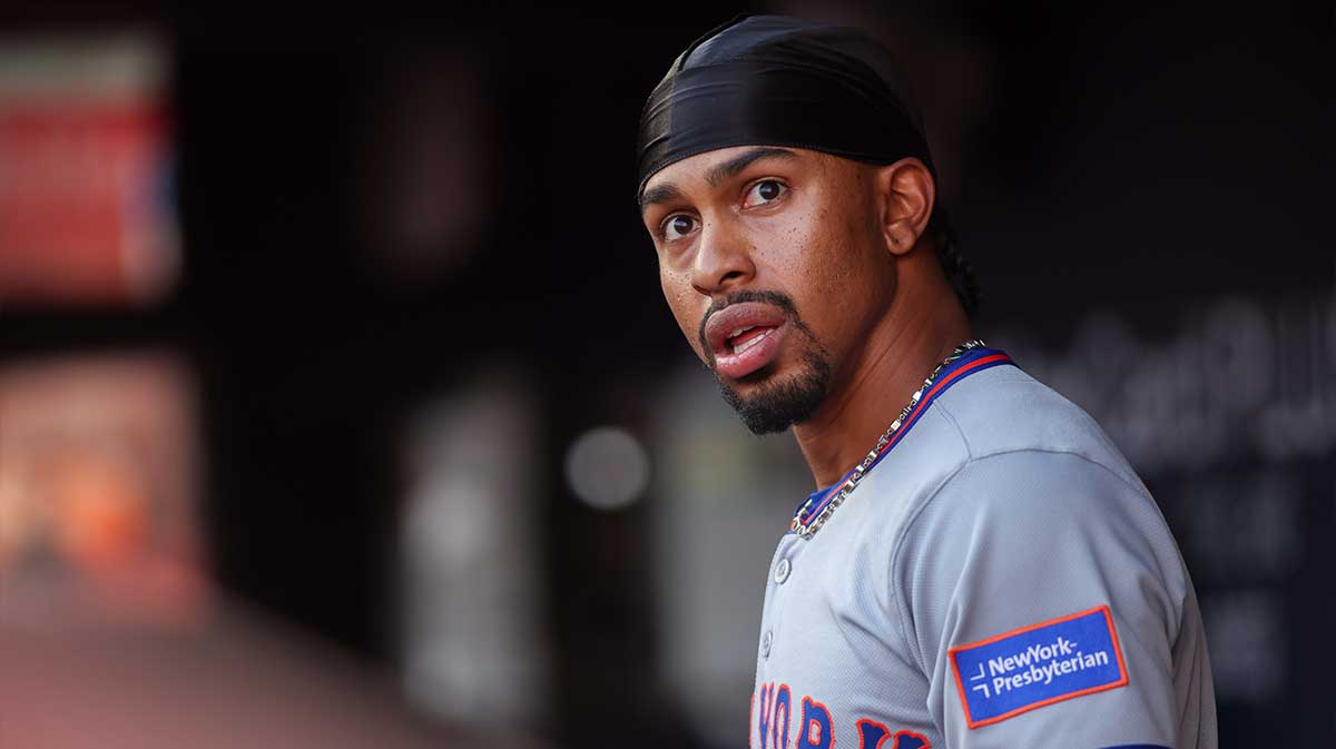 New York Mets shortstop Francisco Lindor (12) in the dugout against the Atlanta Braves in the first inning at Truist Park.