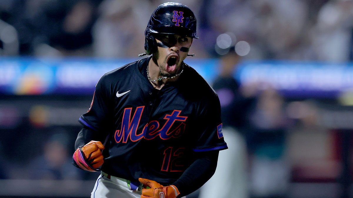 New York Mets shortstop Francisco Lindor (12) reacts as he rounds the bases after hitting a two run home run against the Seattle Mariners during the fourth inning at Citi Field.