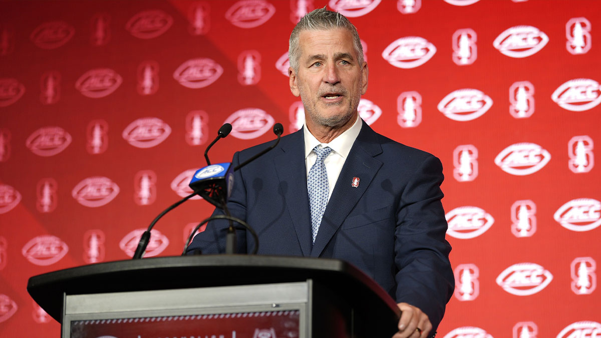 Stanford head coach Frank Reich answers questions from the media during ACC Media Days at Hilton Charlotte Uptown.