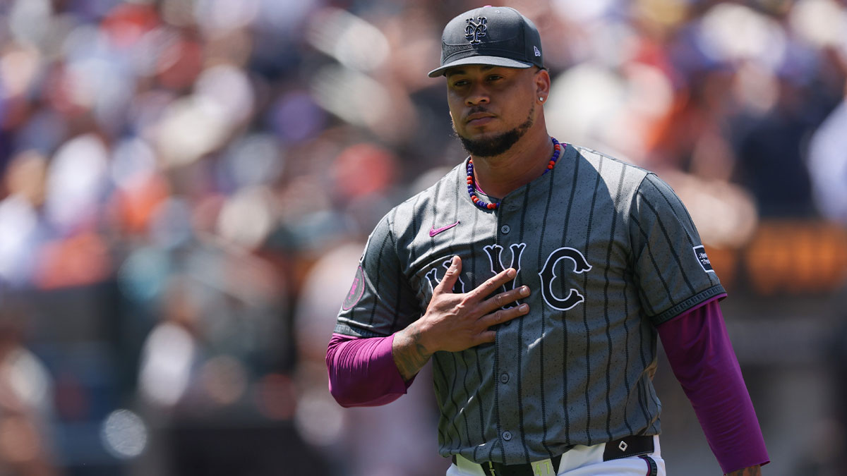 New York Mets starting pitcher Frankie Montas (47) reacts while walking off the field after the top of the first inning against the San Francisco Giants at Citi Field.