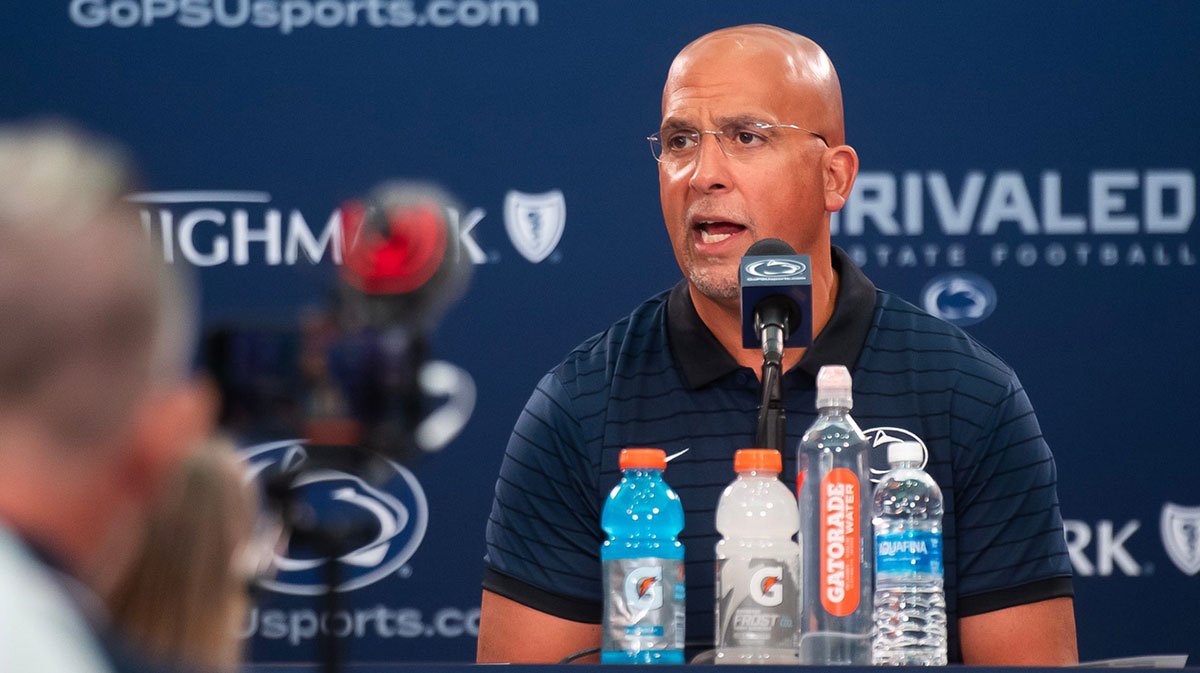 Penn State football head coach James Franklin takes a question during a press conference at football media day in Beaver Stadium on Saturday, August 2, 2025, in State College.