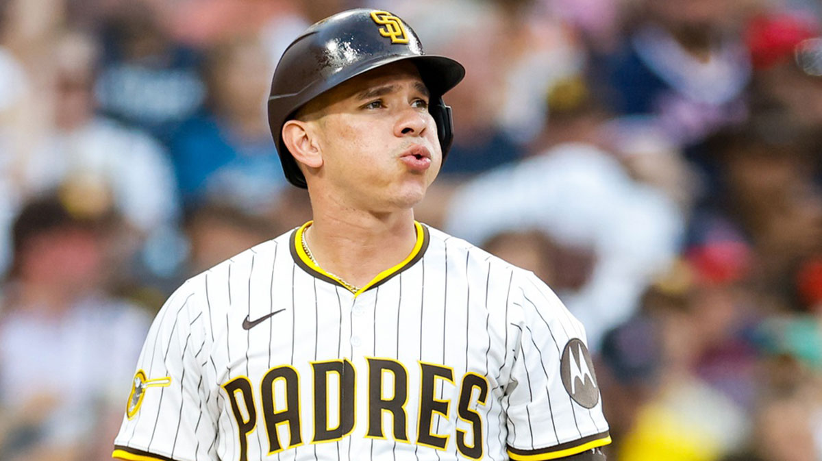 San Diego Padres catcher Freddy Fermin (54) takes a breath in between pitches during the fourth inning against the Boston Red Sox at Petco Park.