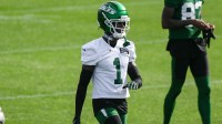 New York Jets cornerback Sauce Gardner (1) warms up during training camp at Atlantic Health Jets Training Center.