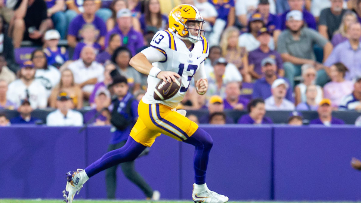 Quarterback Garrett Nussmeier 13 throws a pass as the LSU Tigers take on the Nicholls Colonels at Tiger Stadium in Baton Rouge, LA. Saturday, Sept. 7, 2024.