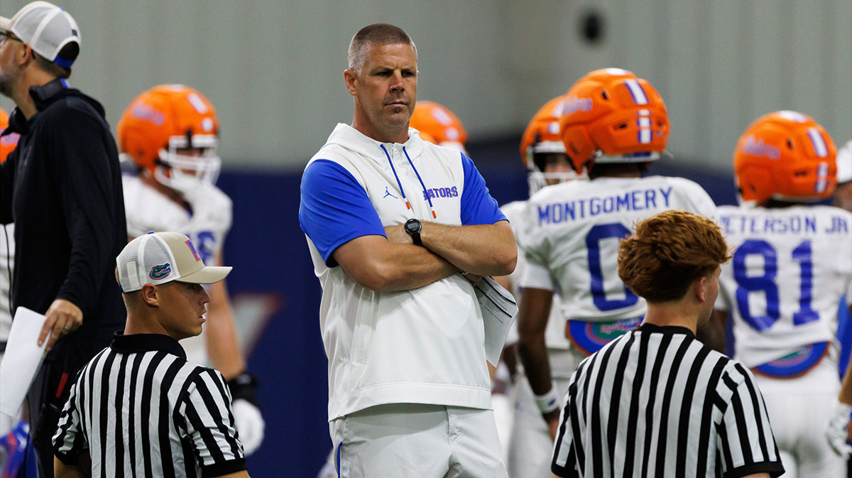 Florida Gators head coach Billy Napier looks on during fall football practice at Sanders Indoor Practice Fields at the University of Florida in Gainesville, FL on Thursday, August 7, 2025. [Matt Pendleton/Gainesville Sun]