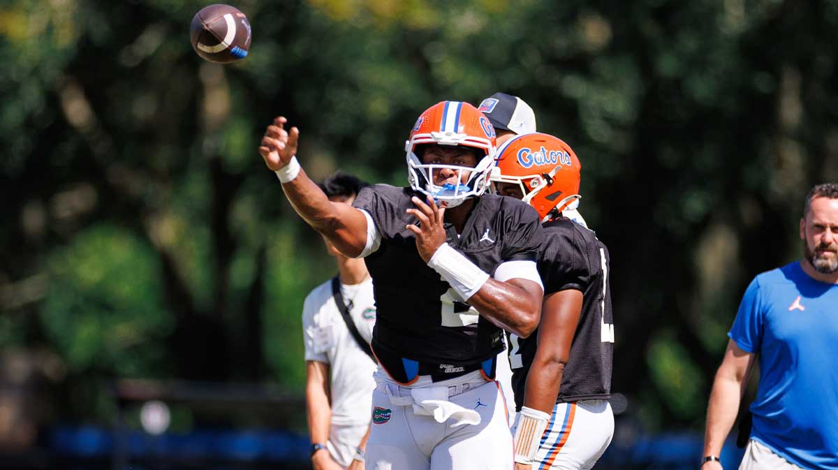 Florida Gators quarterback DJ Lagway (2) throws the ball during fall football practice at Heavener Football Complex at the University of Florida in Gainesville, FL on Tuesday, August 12, 2025.