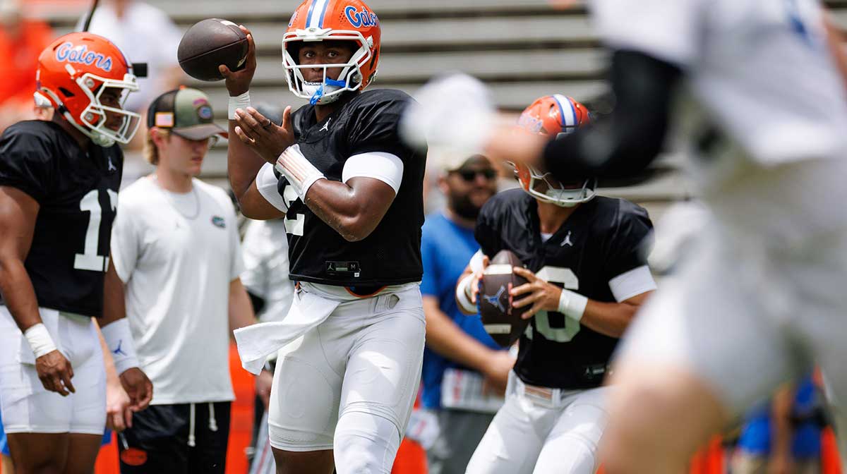 Florida Gators quarterback DJ Lagway (2) throws the ball during fall football practice at Ben Hill Griffin Stadium.
