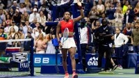 Coco Gauff of the United States celebrates her victory over Donna Vekic of Croatia in the second round of the women’s singles at the US Open at Arthur Ashe Stadium in Billie Jean King National Tennis Center.