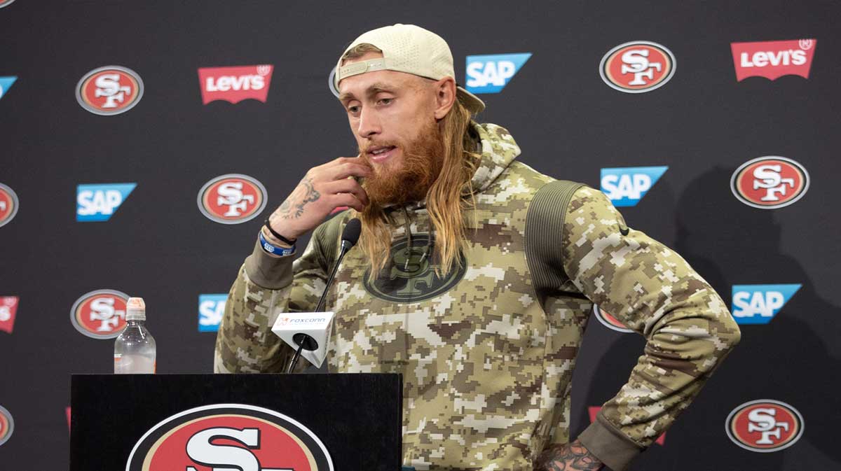San Francisco 49ers tight end George Kittle answers questions from reporters following the first day of training camp at SAP Performance Facility.