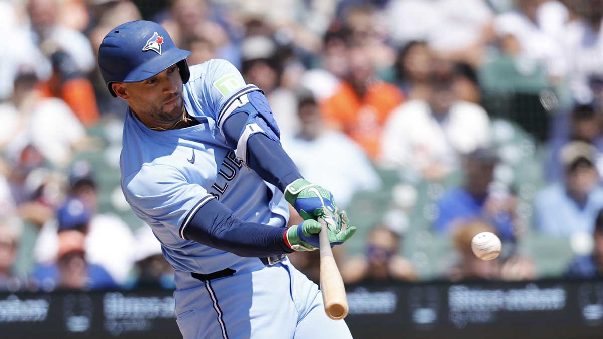 Toronto Blue Jays outfielder George Springer (4) hits a single in the third inning against the Detroit Tigers at Comerica Park.