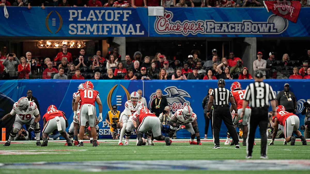 Ohio State Buckeyes quarterback C.J. Stroud (7) takes a snap during the second half of the Peach Bowl against the Georgia Bulldogs in the College Football Playoff semifinal at Mercedes-Benz Stadium. Ohio State lost 42-41.