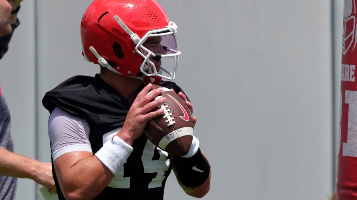 Georgia quarterback Gunner Stockton (14) at the first day of fall practice.