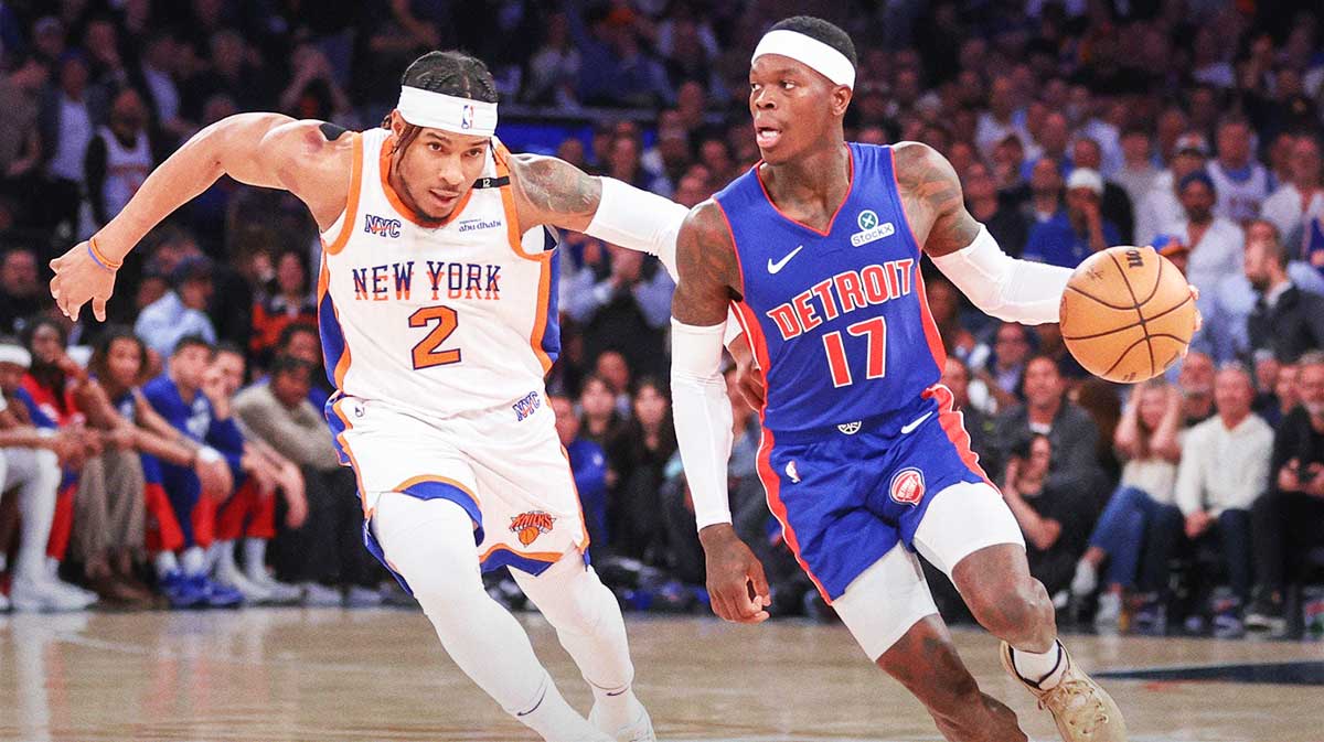 Detroit Pistons guard Dennis Schroder (17) drives past New York Knicks guard Miles McBride (2) in the fourth quarter during game five of first round for the 2025 NBA Playoffs at Madison Square Garden.