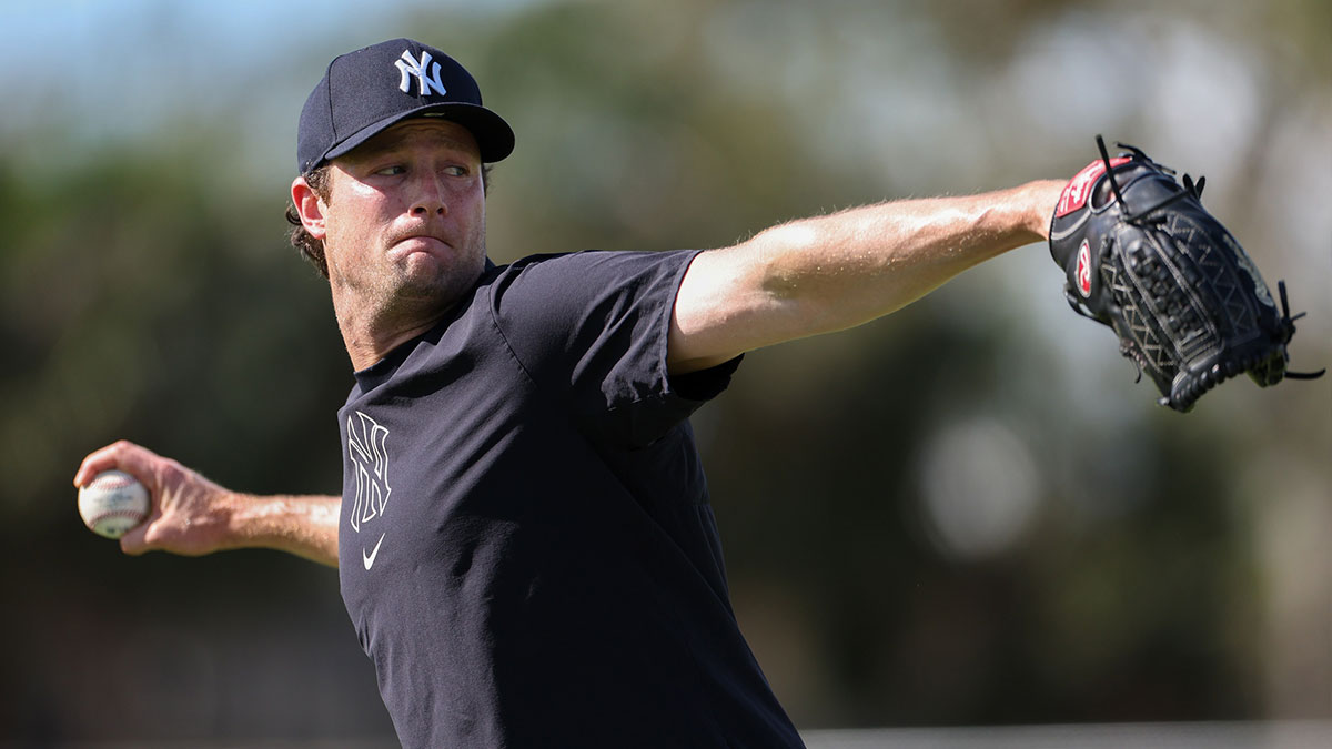 New York Yankees starting pitcher Gerrit Cole (45) participates in spring training workouts at George M. Steinbrenner Field.