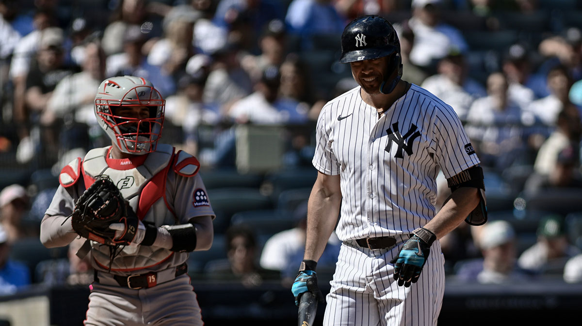 New York Yankees designated hitter Giancarlo Stanton (27) reacts after striking out against the Boston Red Sox during the sixth inning at Yankee Stadium.