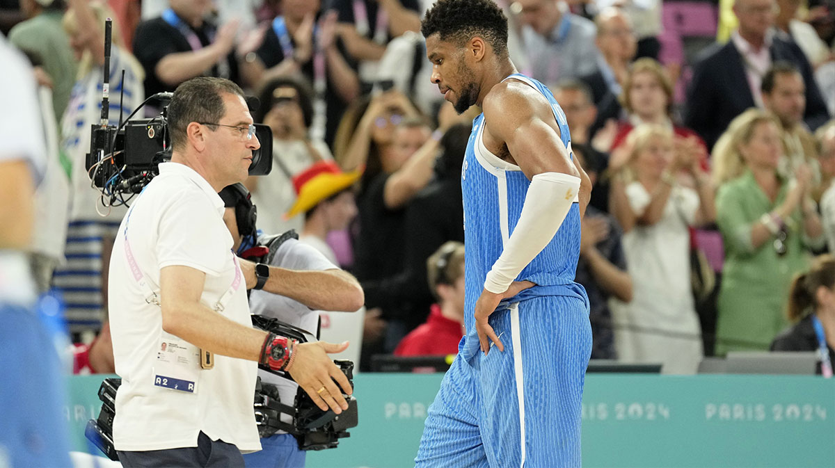 Greece small forward Giannis Antetokounmpo (34) reacts after their loss against Germany during a menís basketball quarterfinal game during the Paris 2024 Olympic Summer Games at Accor Arena.