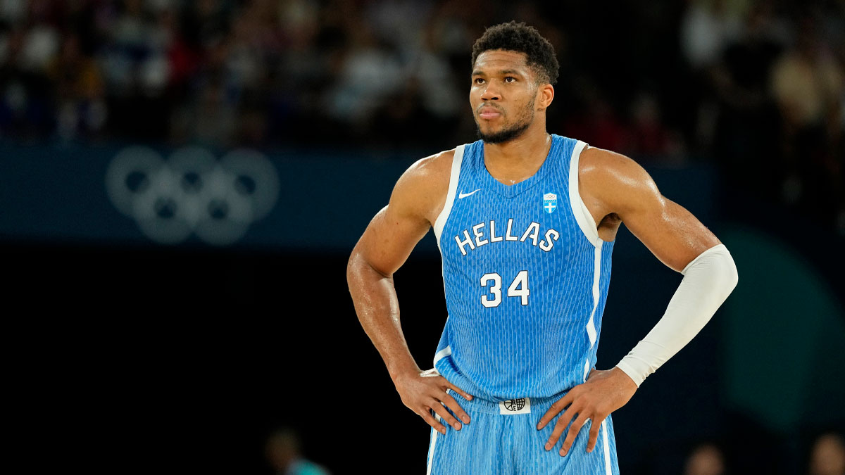 Greece small forward Giannis Antetokounmpo (34) looks on against Germany during a menís basketball quarterfinal game during the Paris 2024 Olympic Summer Games at Accor Arena.