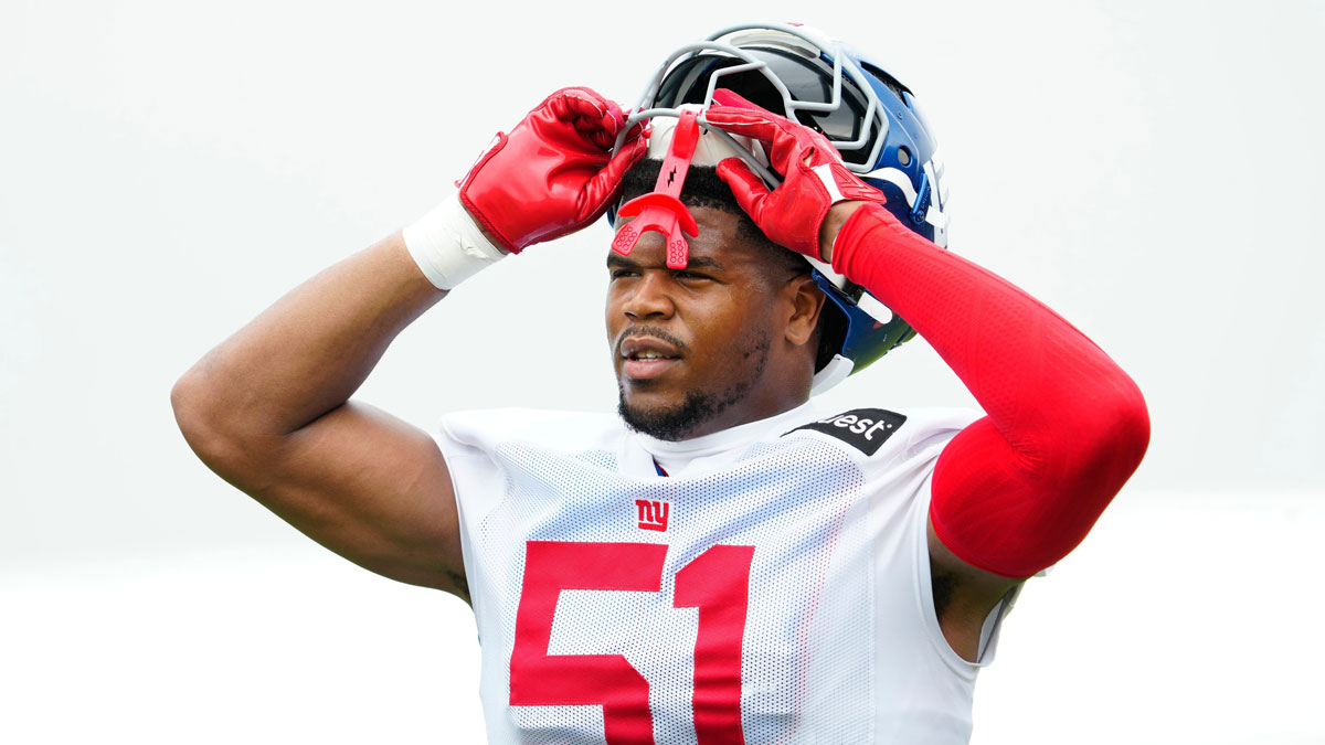 New York Giants linebacker Abdul Carter (51) is shown as he pauses from practice.