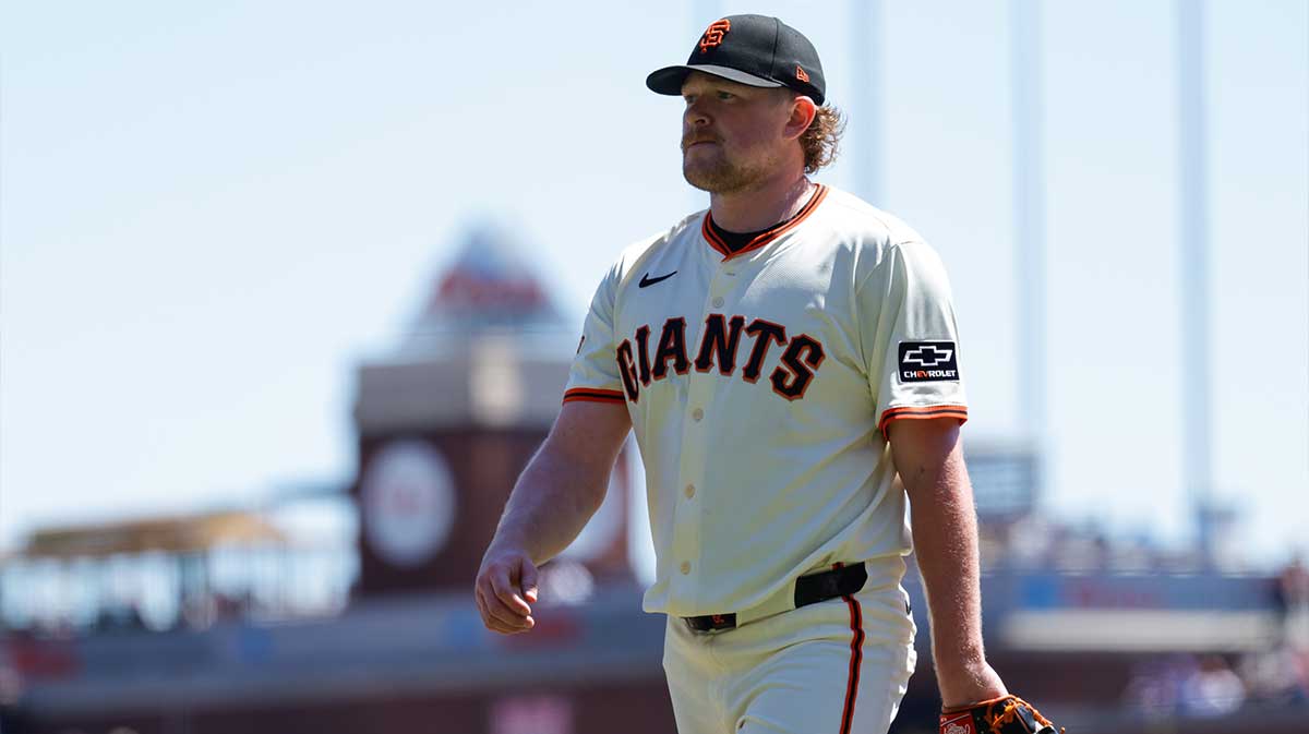 San Francisco Giants starting pitcher Logan Webb (62) walks off the mound during the first inning against the Chicago Cubs at Oracle Park.
