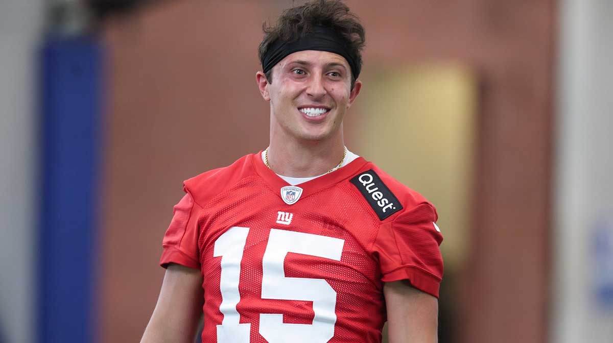 New York Giants quarterback Tommy DeVito (15) during training camp at Quest Diagnostics Training Center.