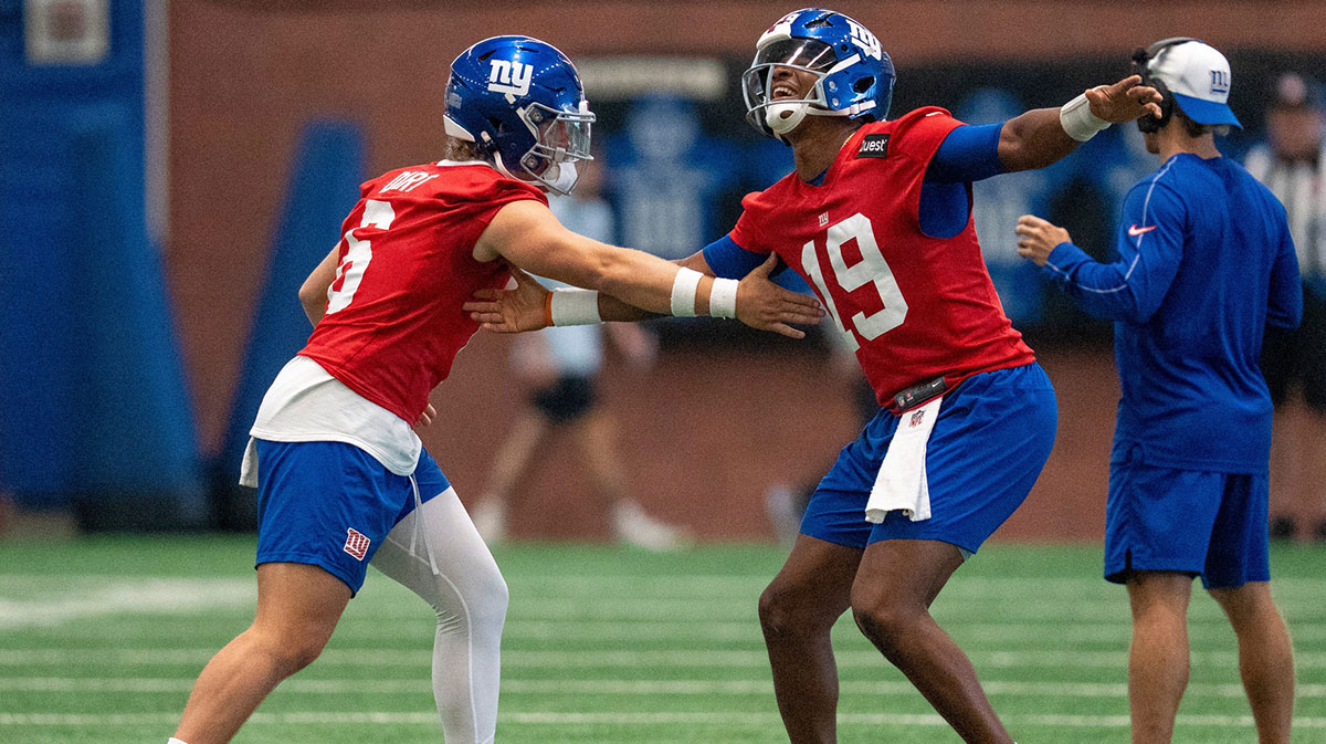 New York Giants quarterback Jaxson Dart (6) and New York Giants quarterback Jameis Winston (19) perform a handshake together during Mandatory Minicamp at Quest Diagnostics Giants Training Center in East Rutherford on Tuesday, June 17, 2025.