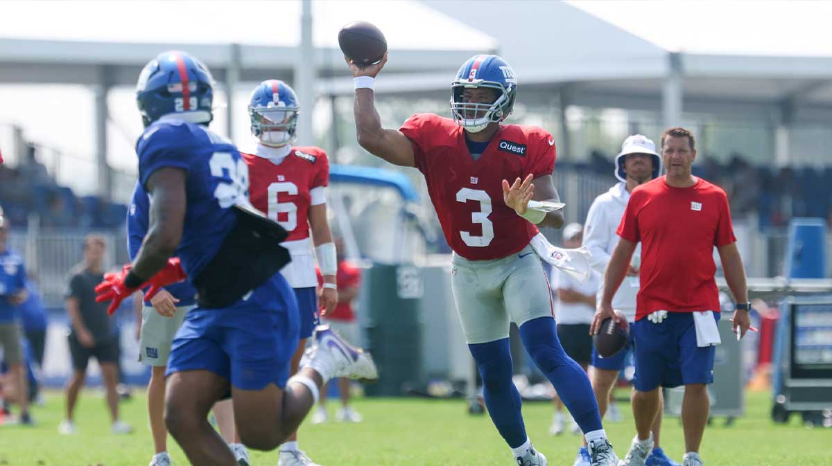 New York Giants quarterback Russell Wilson (3) throws a pass during training camp at Quest Diagnostics Training Center.