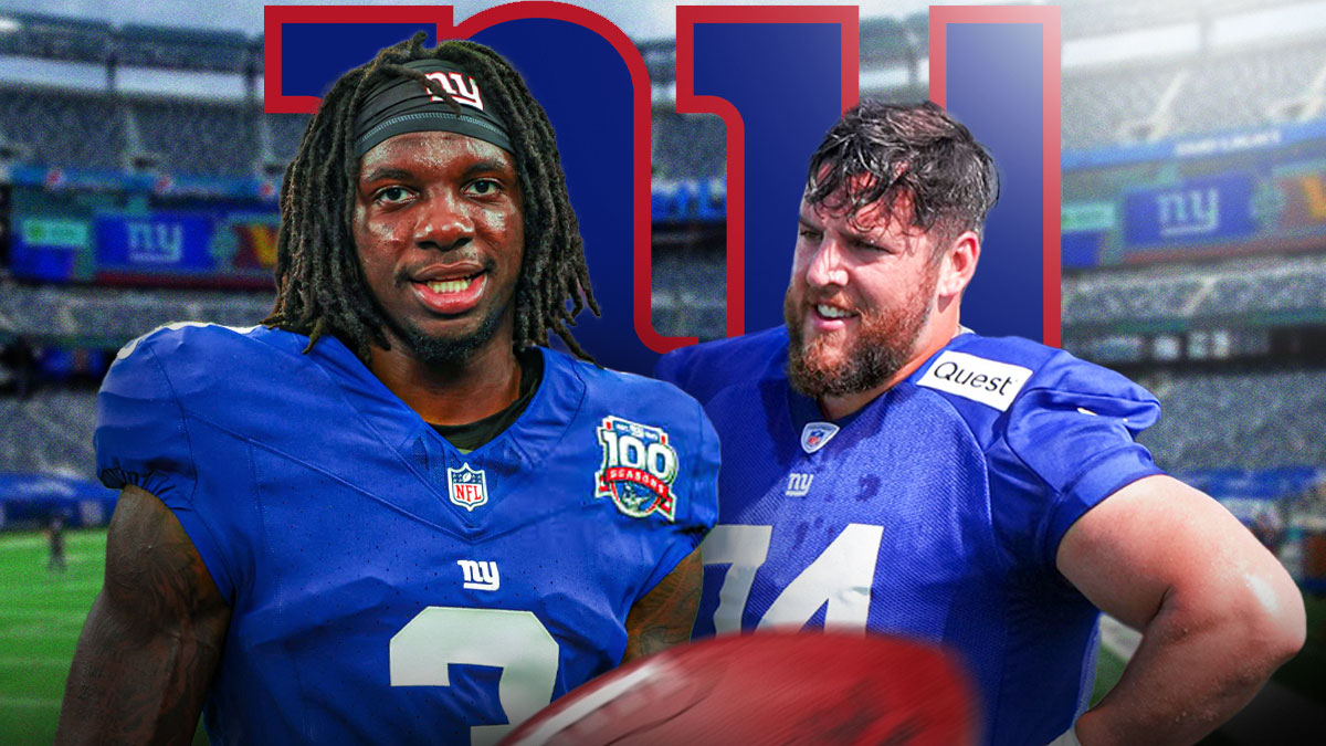 Giants CB Deonte Banks and OG Greg Van Roten. New York Giants logo in background