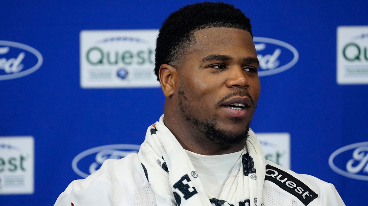 New York Giants linebacker Abdul Carter (51) speaks to the press at the Quest Diagnostic Training Center