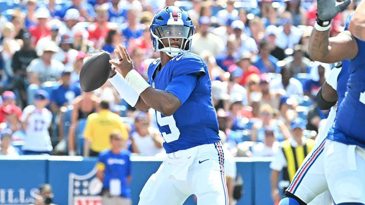 New York Giants quarterback Jameis Winston (19) throws a pass in the third quarter against the Buffalo Bills at Highmark Stadium.