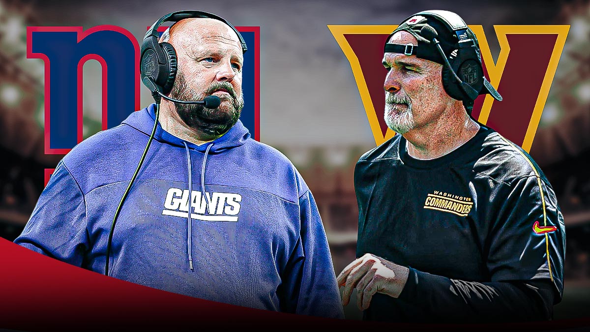 Giants HC Brian Daboll and Commanders HC Dan Quinn. New York Giants and Washington Commanders logos in background