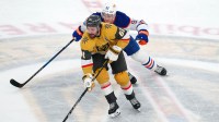 Vegas Golden Knights right wing Mark Stone (61) skates away from Edmonton Oilers right wing Vasily Podkolzin (92) during an overtime period of game two of the second round of the 2025 Stanley Cup Playoffs against the Edmonton Oilers at T-Mobile Arena.