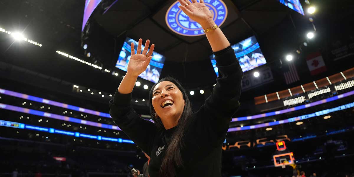 Golden State Valkyries coach Natalie Nakase celebrates after the game against the LA Sparks at Crypto.com Arena.