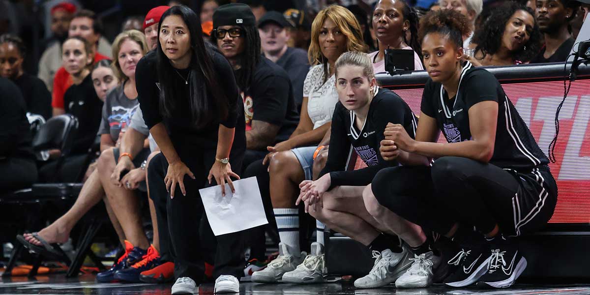 Golden State Valkyries coach Natalie Nakase celebrates after the game against the LA Sparks at Crypto.com Arena.