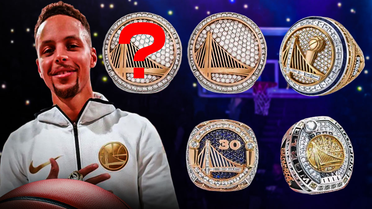 Steph Curry with his 4 Championship rings and another 5th Championship ring with a question mark.