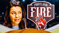 Vanja Černivec on the right with a Portland Fire logo on the left.