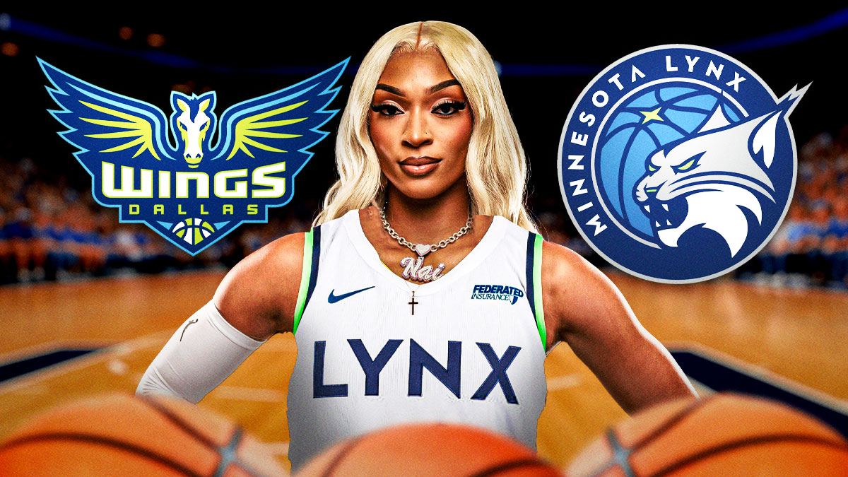 DiJonai Carrington in a Minnesota Lynx jersey in front. Dallas Wings and Minnesota Lynx 2025 logos in background.
