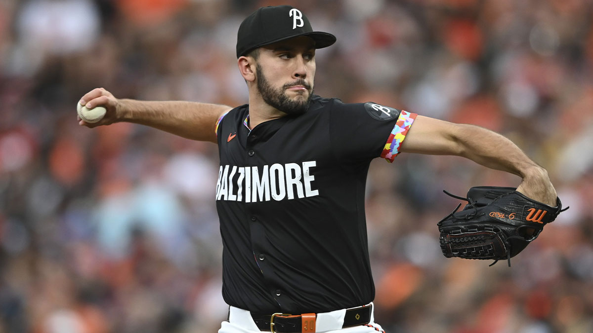 Baltimore Orioles pitcher Grayson Rodriguez (30) throws a second inning pitch against the San Diego Padres at Oriole Park at Camden Yards.