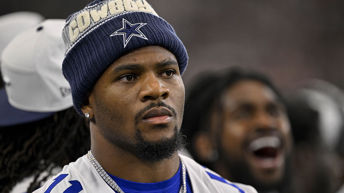 Dallas Cowboys defensive end Micah Parsons (11) looks on before the game between the Dallas Cowboys and the Baltimore Ravens at AT&T Stadium.
