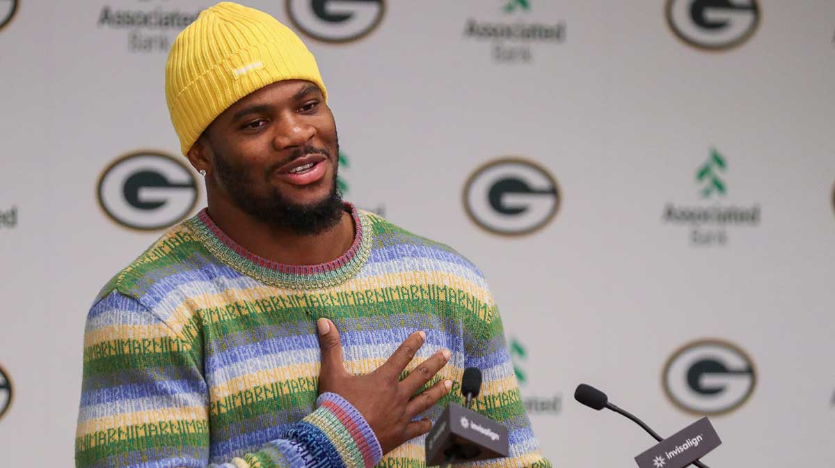 Green Bay Packers edge rusher Micah Parsons speaks during an introductory press conference on Friday, August 29, 2025, at Lambeau Field in Green Bay, Wis. The Packers made a trade with the Dallas Cowboys on Aug. 28 to acquire Parsons in exchange for defensive tackle Kenny Clark and two first round picks.