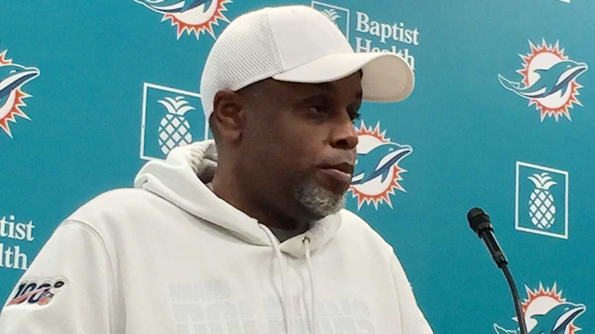 Miami Dolphins general manager Chris Grier answers questions from reporters April 15, 2025.