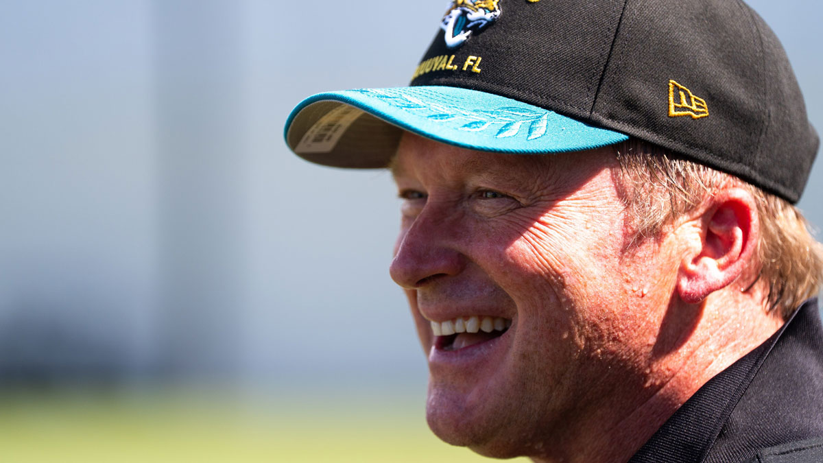 Former NFL Coache Jon Gruden have a laugh while attending an NFL training camp session ten at the Miller Electric Center, Tuesday, Aug. 5, 2025, in Jacksonville, Fla. [Doug Engle/Florida Times-Union]